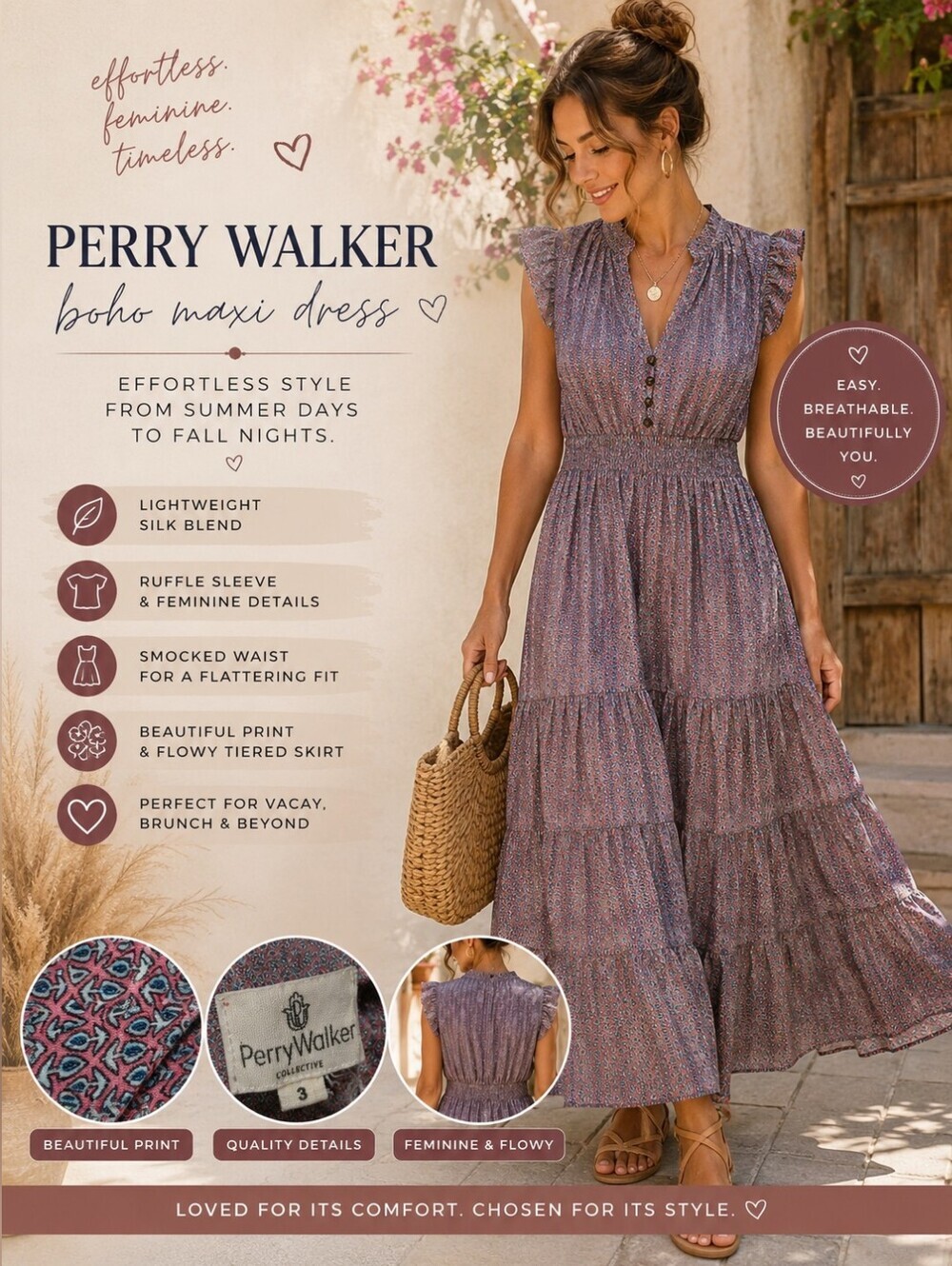 Perry Walker Collective Pink Blue Pattern Tiered Ruffle Silk Dress Size 3